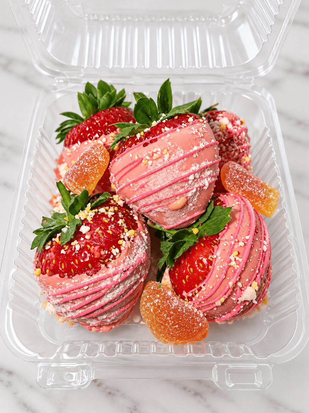 Pink chocolate dipped strawberries with sprinkles and orange gummy candies in a clear plastic container.