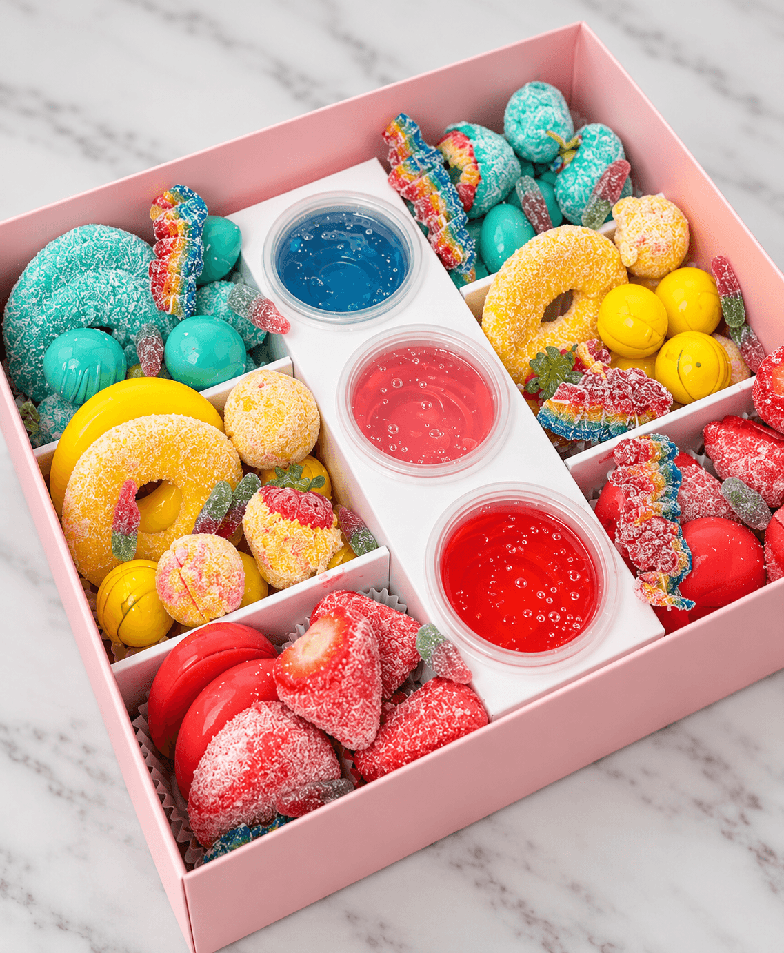Pink gift box filled with colorful sugar-coated candies, gummy rings, and three dipping sauces.